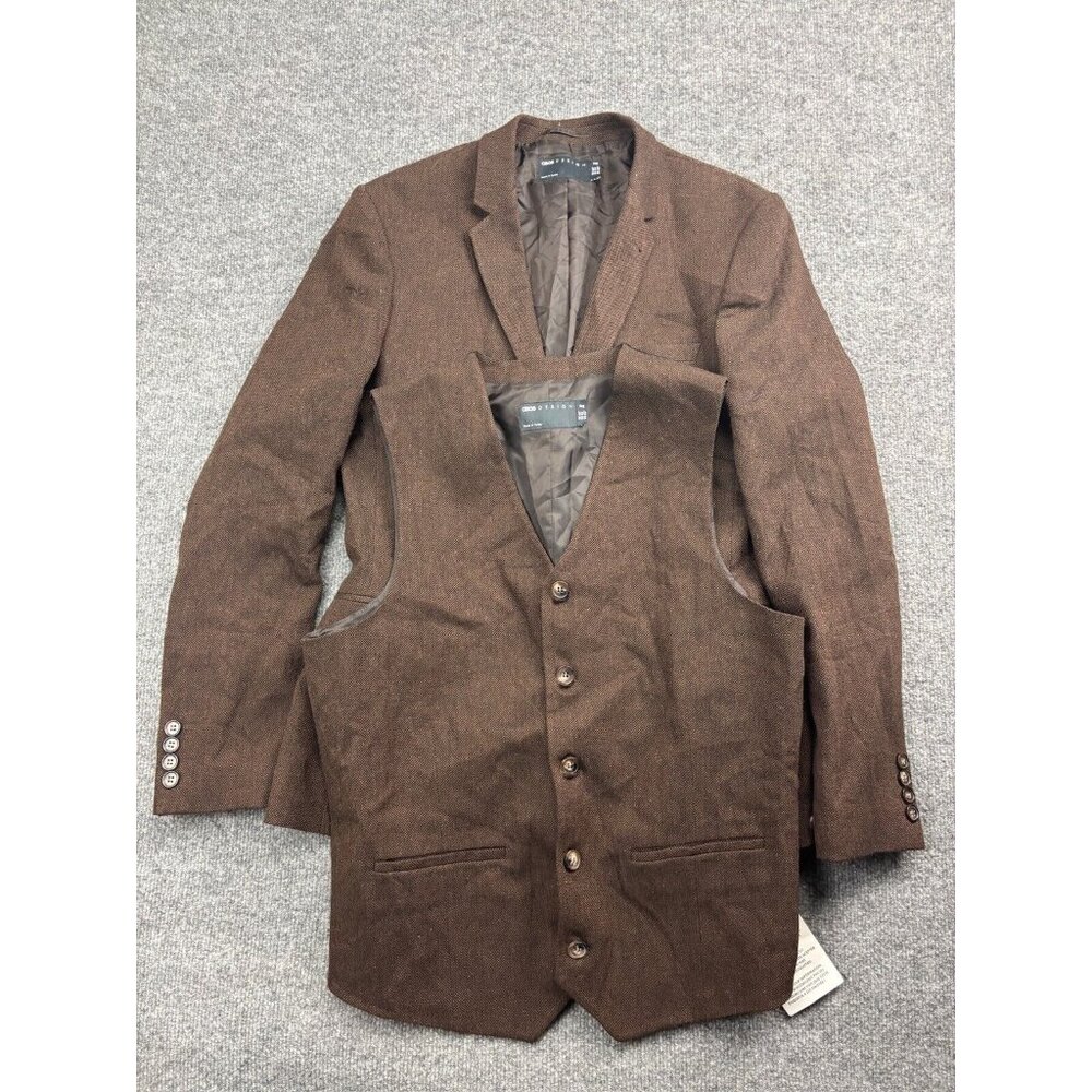 ASOS Wool Blend Suit Jacket Vest Set Men's 42 Brown Single Breasted Button Up